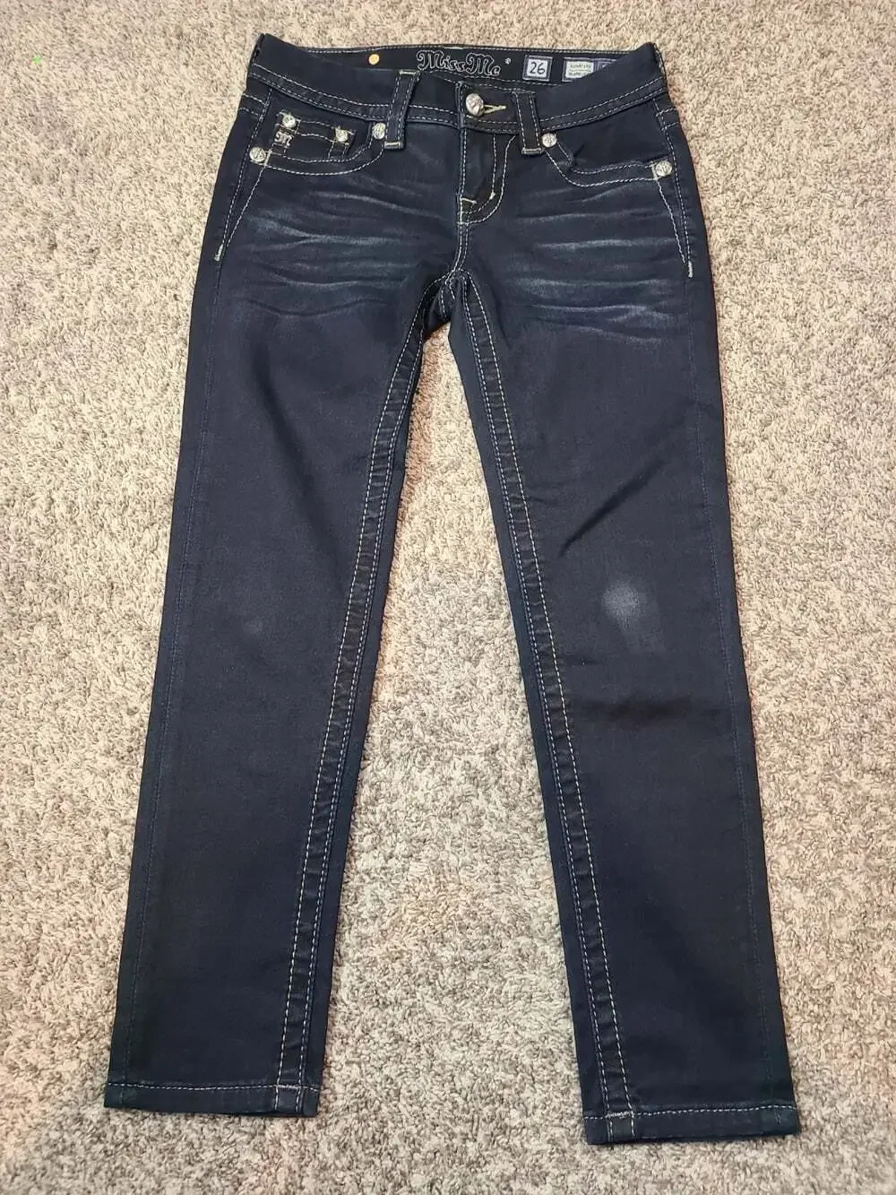 Miss Me Skinny Crop Jeans 26 Silver Embroidery Thick Stitch Denim JE8364SC